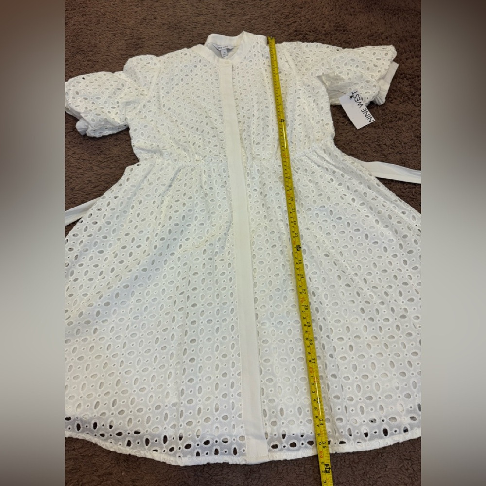 Nine West White Belted Puff Sleeve Eyelet Dress Fit Flare Cottagecore M NEW - Picture 7 of 9